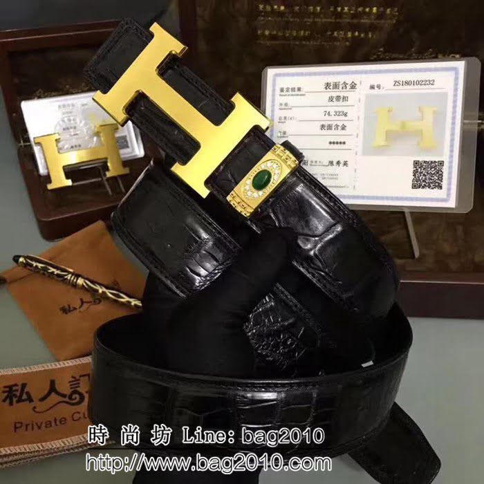愛馬仕HERMES 黃金系列 24KGold純黃金扣頭 純手工美洲鱷魚皮高端男士皮帶 HHG1518